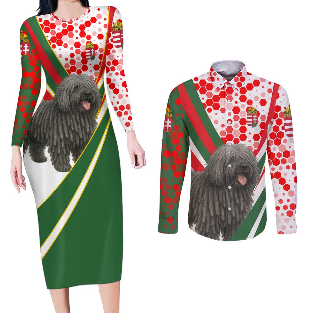 Hungary Couples Matching Long Sleeve Bodycon Dress and Long Sleeve Button Shirt with Puli Dog Illustration Design and Red Green Hexagon - Wonder Print Shop