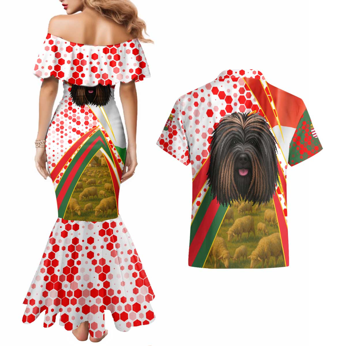 Hungary Couples Matching Mermaid Dress and Hawaiian Shirt with Puli Dog Illustration Design and Red Green Hexagon - Wonder Print Shop