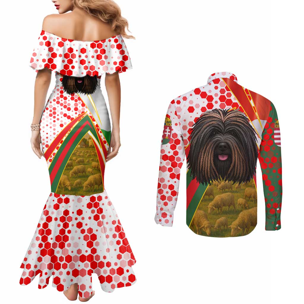 Hungary Couples Matching Mermaid Dress and Long Sleeve Button Shirt with Puli Dog Illustration Design and Red Green Hexagon - Wonder Print Shop