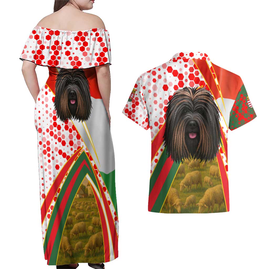 Hungary Couples Matching Off Shoulder Maxi Dress and Hawaiian Shirt with Puli Dog Illustration Design and Red Green Hexagon - Wonder Print Shop