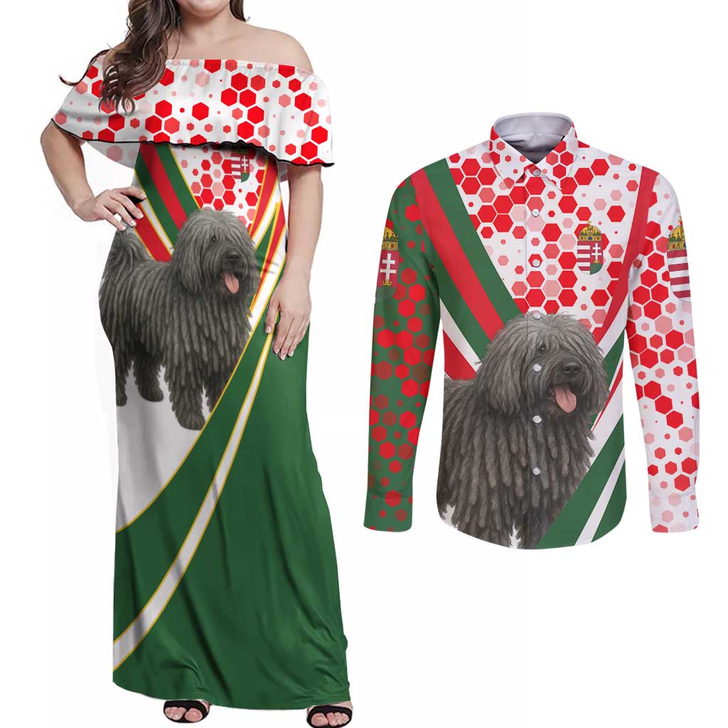Hungary Couples Matching Off Shoulder Maxi Dress and Long Sleeve Button Shirt with Puli Dog Illustration Design and Red Green Hexagon - Wonder Print Shop