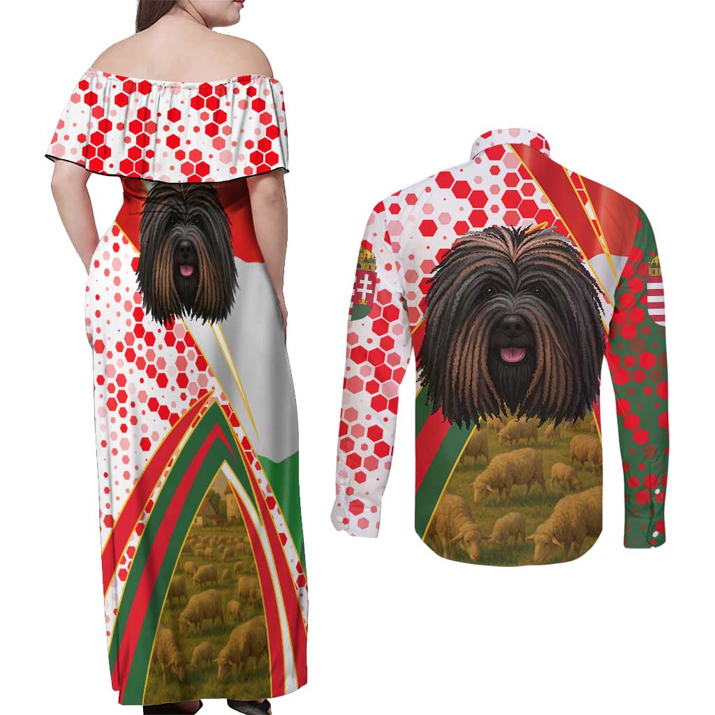 Hungary Couples Matching Off Shoulder Maxi Dress and Long Sleeve Button Shirt with Puli Dog Illustration Design and Red Green Hexagon - Wonder Print Shop