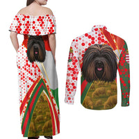 Hungary Couples Matching Off Shoulder Maxi Dress and Long Sleeve Button Shirt with Puli Dog Illustration Design and Red Green Hexagon - Wonder Print Shop