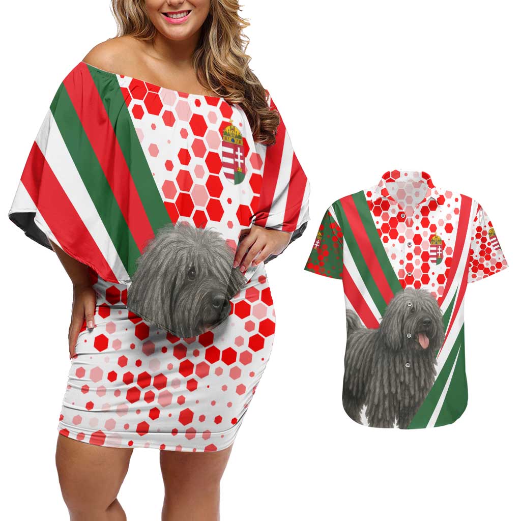 Hungary Couples Matching Off Shoulder Short Dress and Hawaiian Shirt with Puli Dog Illustration Design and Red Green Hexagon - Wonder Print Shop