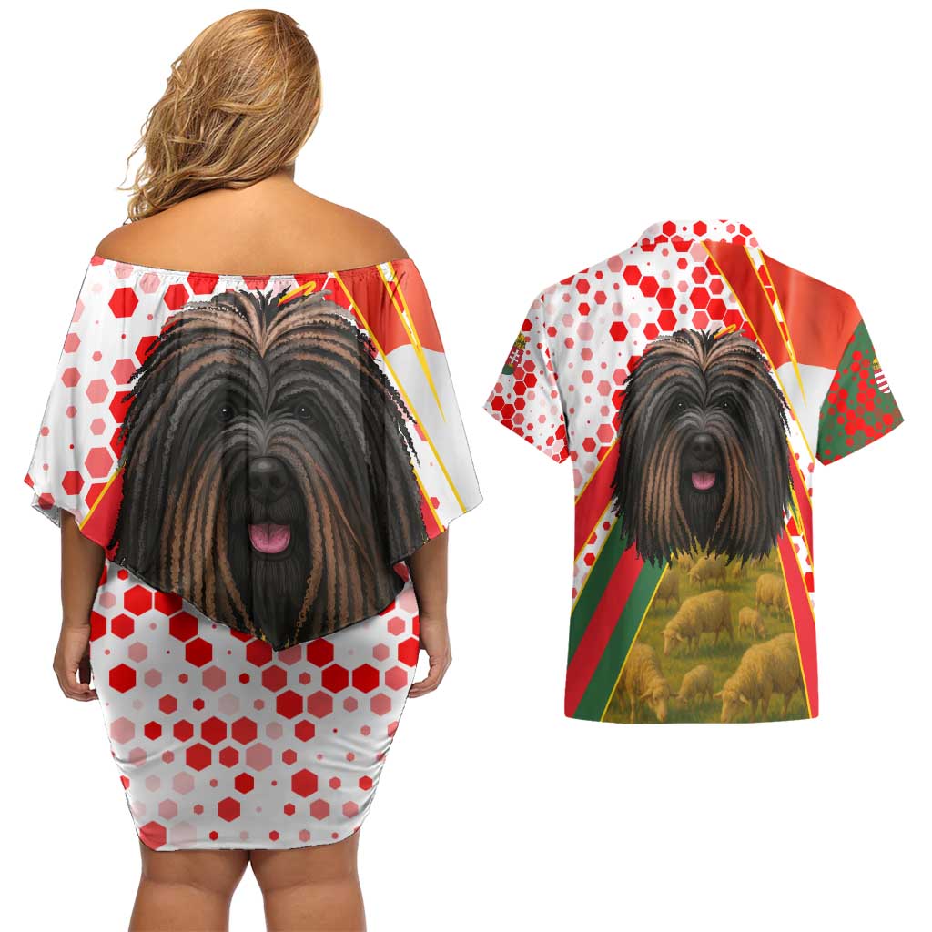 Hungary Couples Matching Off Shoulder Short Dress and Hawaiian Shirt with Puli Dog Illustration Design and Red Green Hexagon - Wonder Print Shop