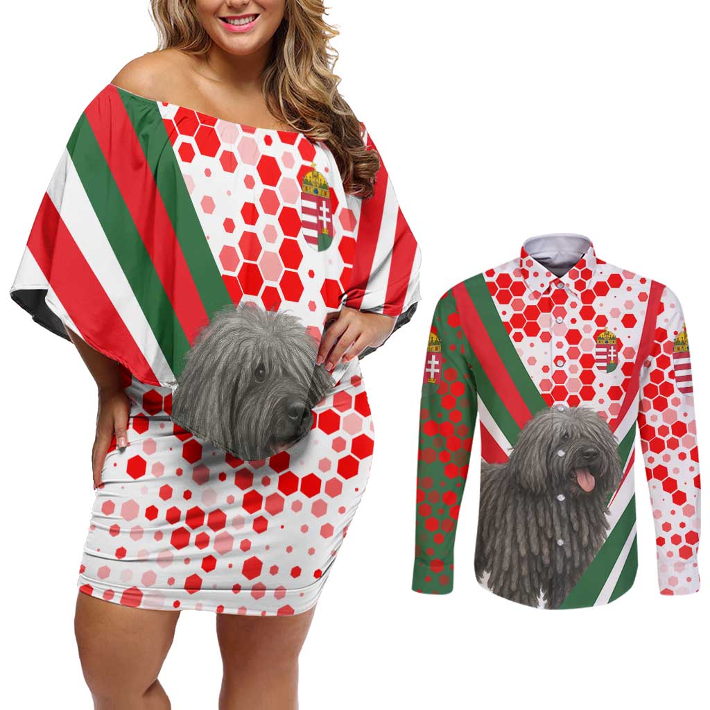 Hungary Couples Matching Off Shoulder Short Dress and Long Sleeve Button Shirt with Puli Dog Illustration Design and Red Green Hexagon - Wonder Print Shop