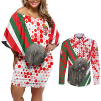 Hungary Couples Matching Off Shoulder Short Dress and Long Sleeve Button Shirt with Puli Dog Illustration Design and Red Green Hexagon - Wonder Print Shop