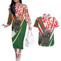 Hungary Couples Matching Off The Shoulder Long Sleeve Dress and Hawaiian Shirt with Puli Dog Illustration Design and Red Green Hexagon - Wonder Print Shop