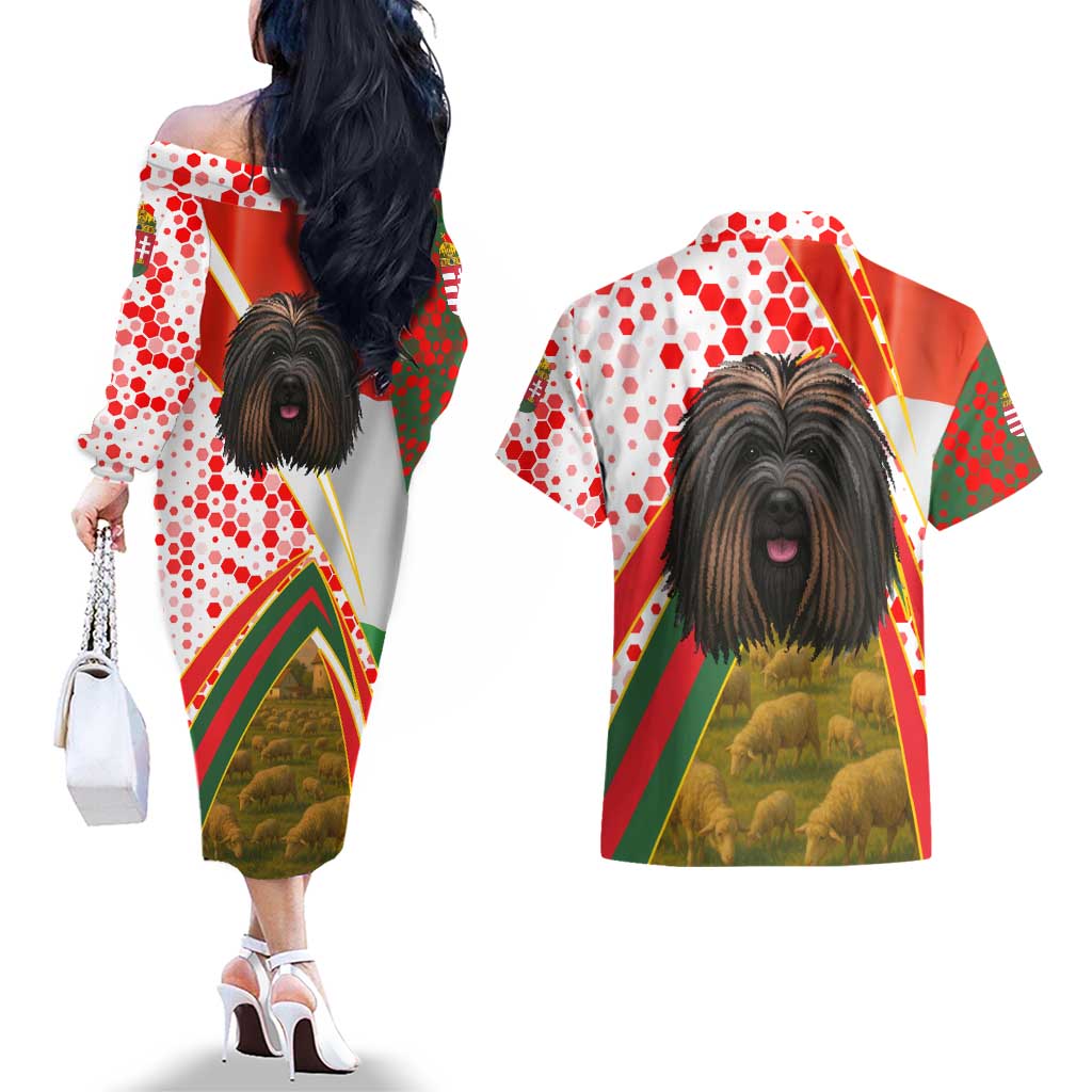 Hungary Couples Matching Off The Shoulder Long Sleeve Dress and Hawaiian Shirt with Puli Dog Illustration Design and Red Green Hexagon - Wonder Print Shop