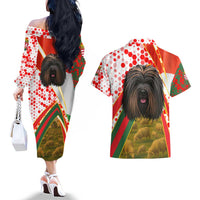 Hungary Couples Matching Off The Shoulder Long Sleeve Dress and Hawaiian Shirt with Puli Dog Illustration Design and Red Green Hexagon - Wonder Print Shop