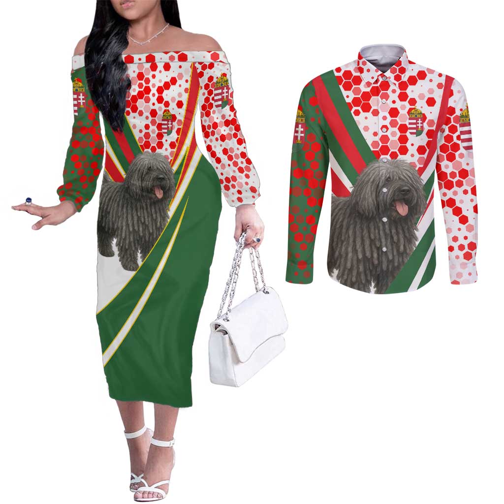 Hungary Couples Matching Off The Shoulder Long Sleeve Dress and Long Sleeve Button Shirt with Puli Dog Illustration Design and Red Green Hexagon - Wonder Print Shop