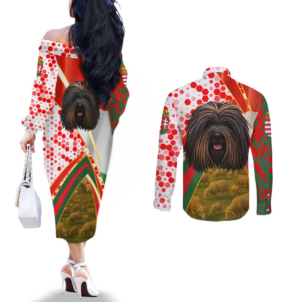 Hungary Couples Matching Off The Shoulder Long Sleeve Dress and Long Sleeve Button Shirt with Puli Dog Illustration Design and Red Green Hexagon - Wonder Print Shop