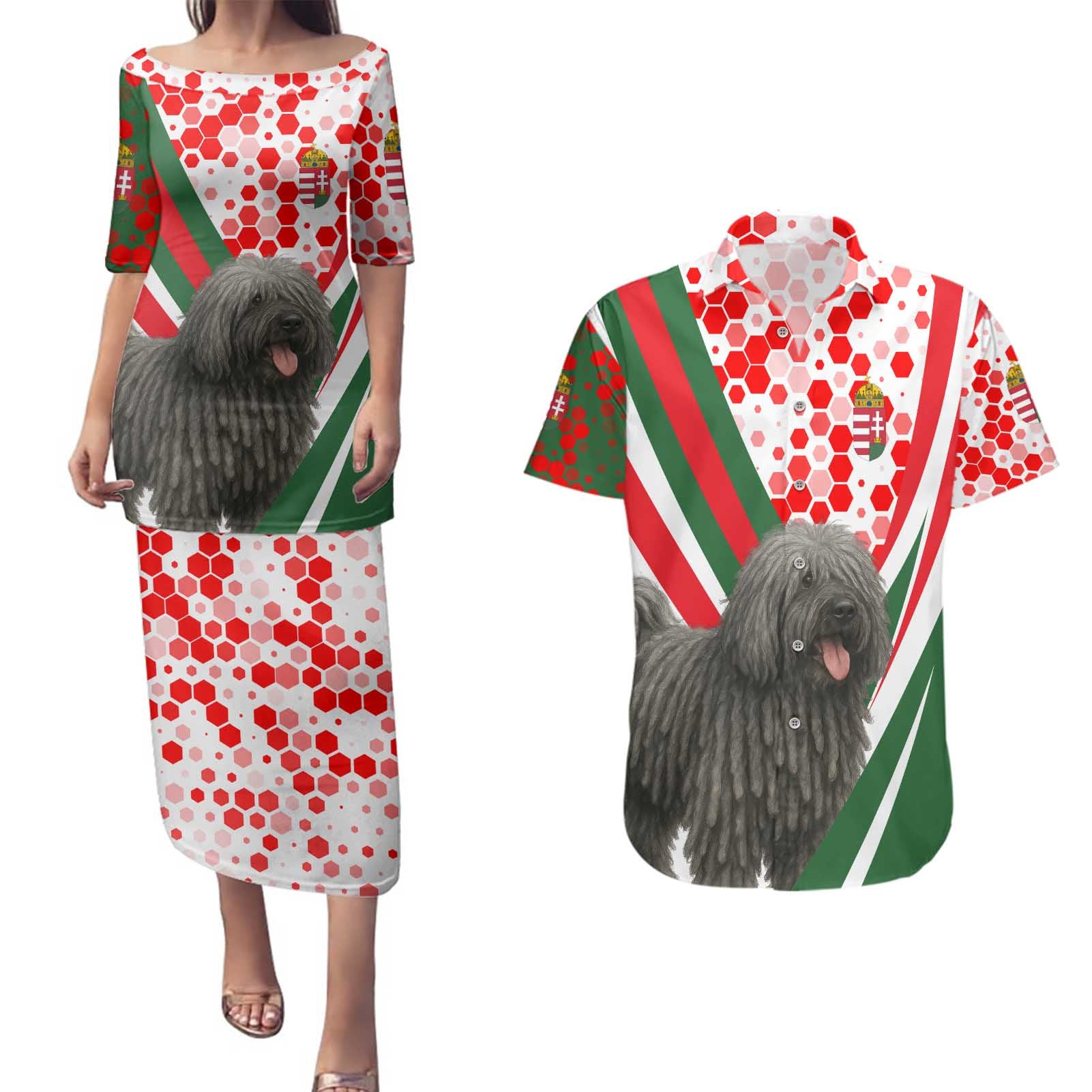 Hungary Couples Matching Puletasi and Hawaiian Shirt with Puli Dog Illustration Design and Red Green Hexagon - Wonder Print Shop