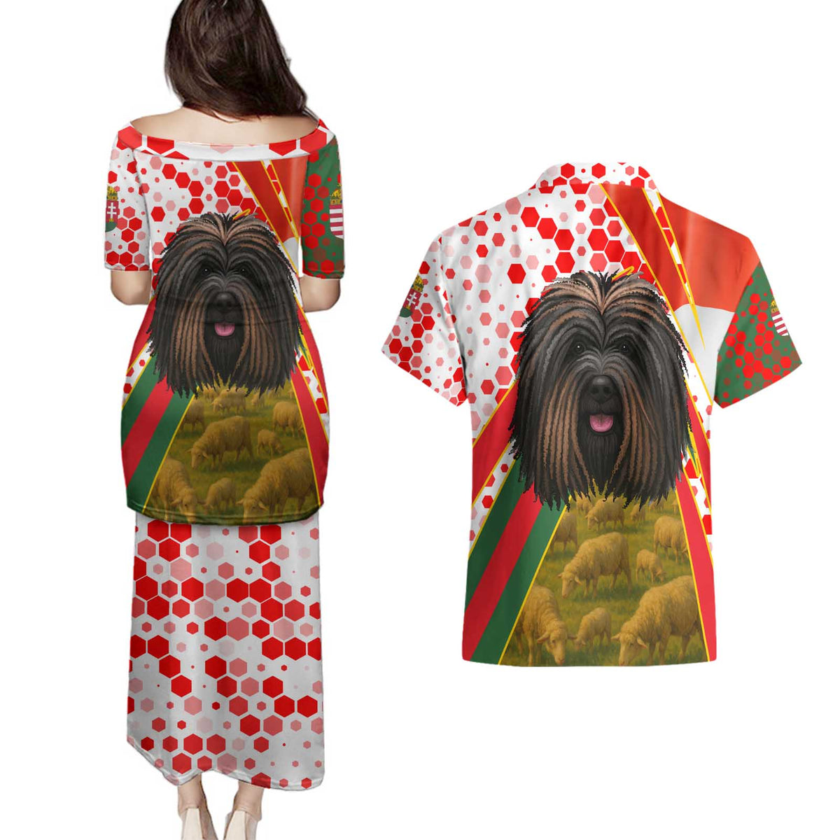 Hungary Couples Matching Puletasi and Hawaiian Shirt with Puli Dog Illustration Design and Red Green Hexagon - Wonder Print Shop