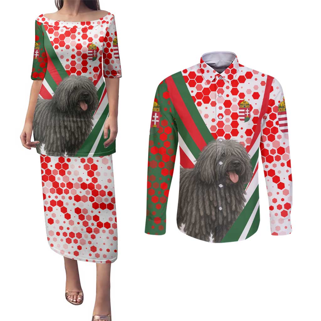 Hungary Couples Matching Puletasi and Long Sleeve Button Shirt with Puli Dog Illustration Design and Red Green Hexagon - Wonder Print Shop
