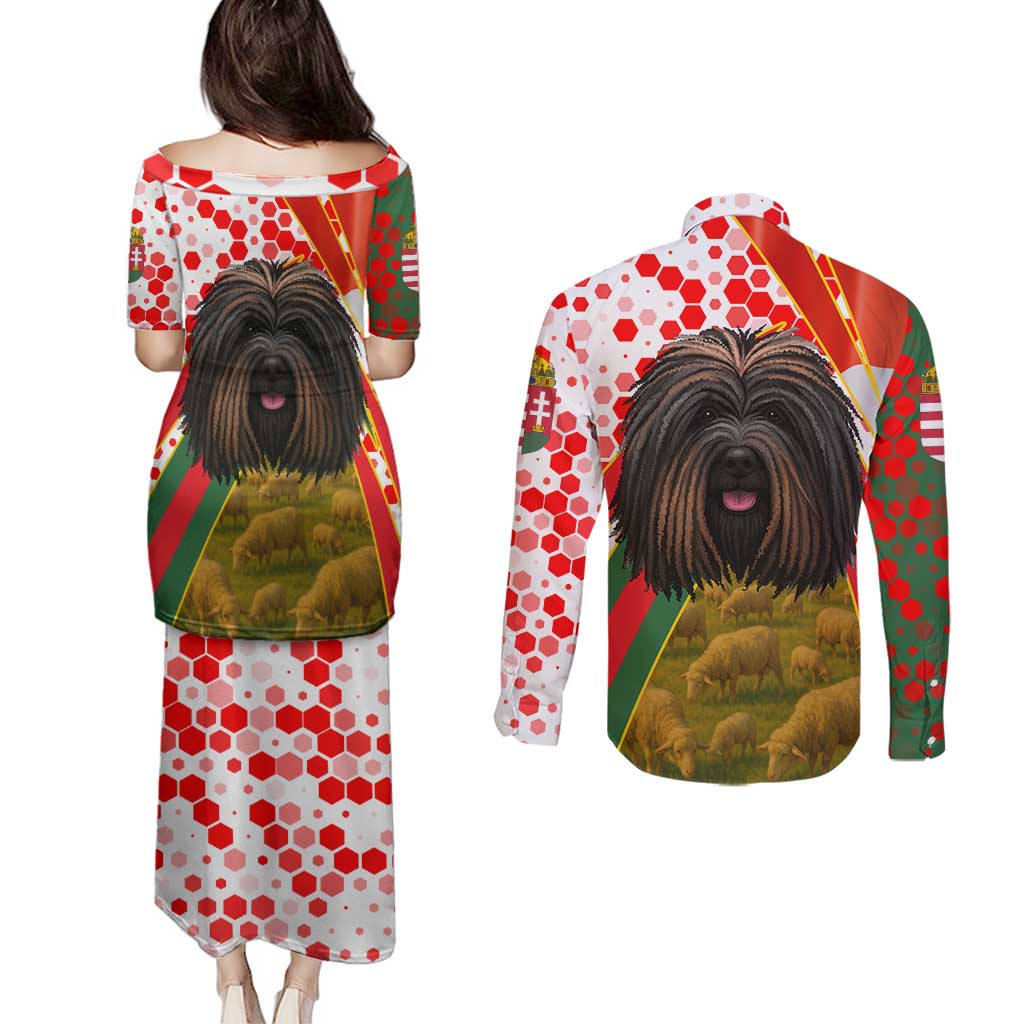 Hungary Couples Matching Puletasi and Long Sleeve Button Shirt with Puli Dog Illustration Design and Red Green Hexagon - Wonder Print Shop