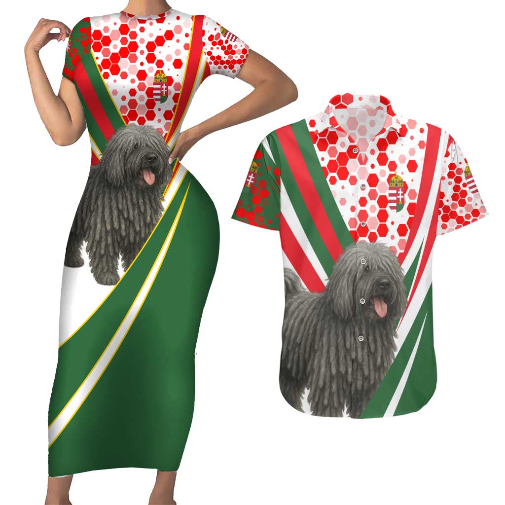 Hungary Couples Matching Short Sleeve Bodycon Dress and Hawaiian Shirt with Puli Dog Illustration Design and Red Green Hexagon - Wonder Print Shop