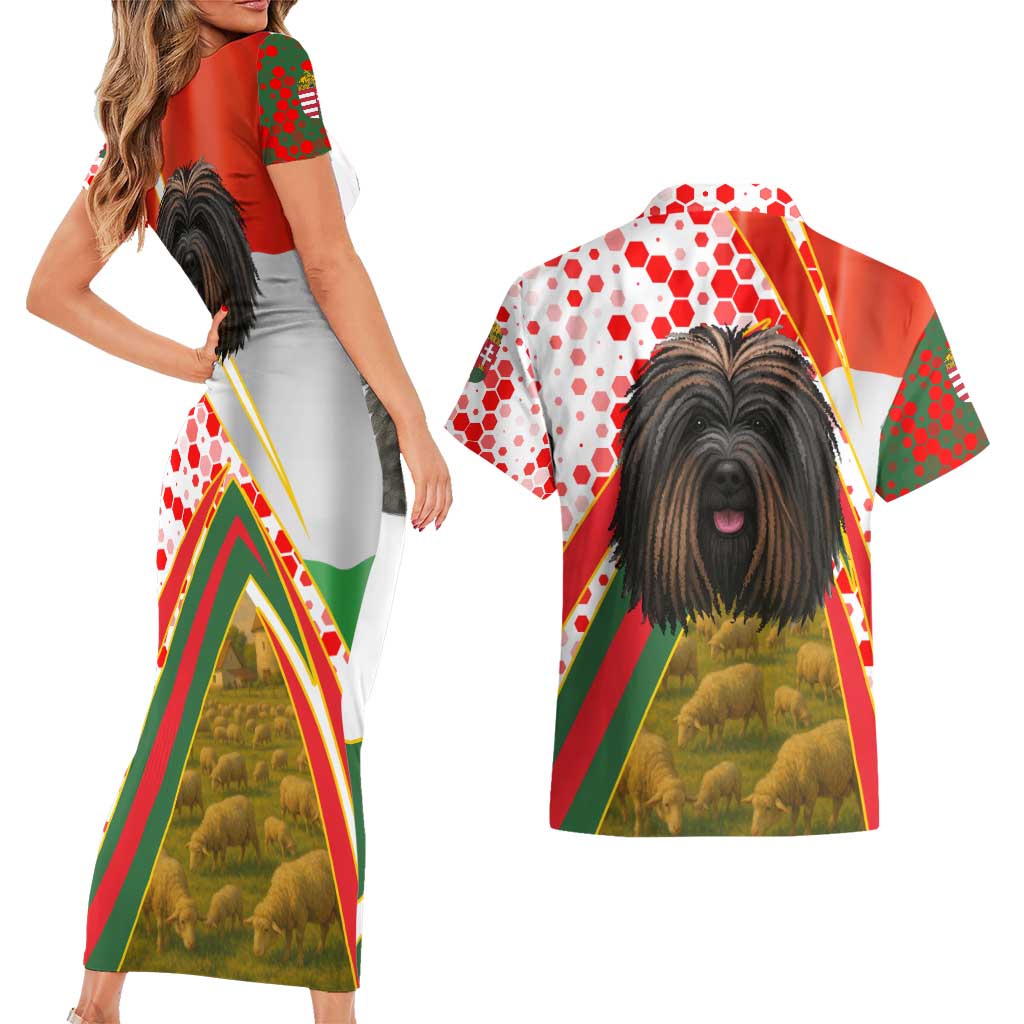 Hungary Couples Matching Short Sleeve Bodycon Dress and Hawaiian Shirt with Puli Dog Illustration Design and Red Green Hexagon - Wonder Print Shop
