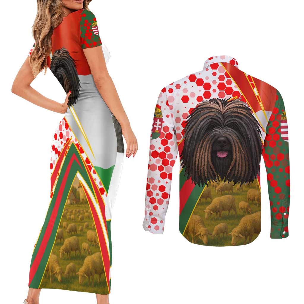 Hungary Couples Matching Short Sleeve Bodycon Dress and Long Sleeve Button Shirt with Puli Dog Illustration Design and Red Green Hexagon - Wonder Print Shop