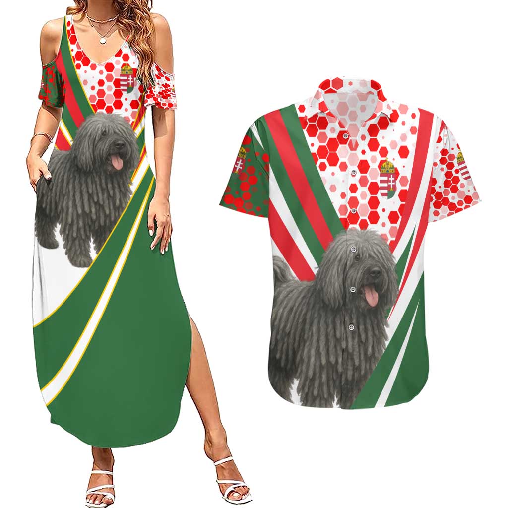 Hungary Couples Matching Summer Maxi Dress and Hawaiian Shirt with Puli Dog Illustration Design and Red Green Hexagon - Wonder Print Shop