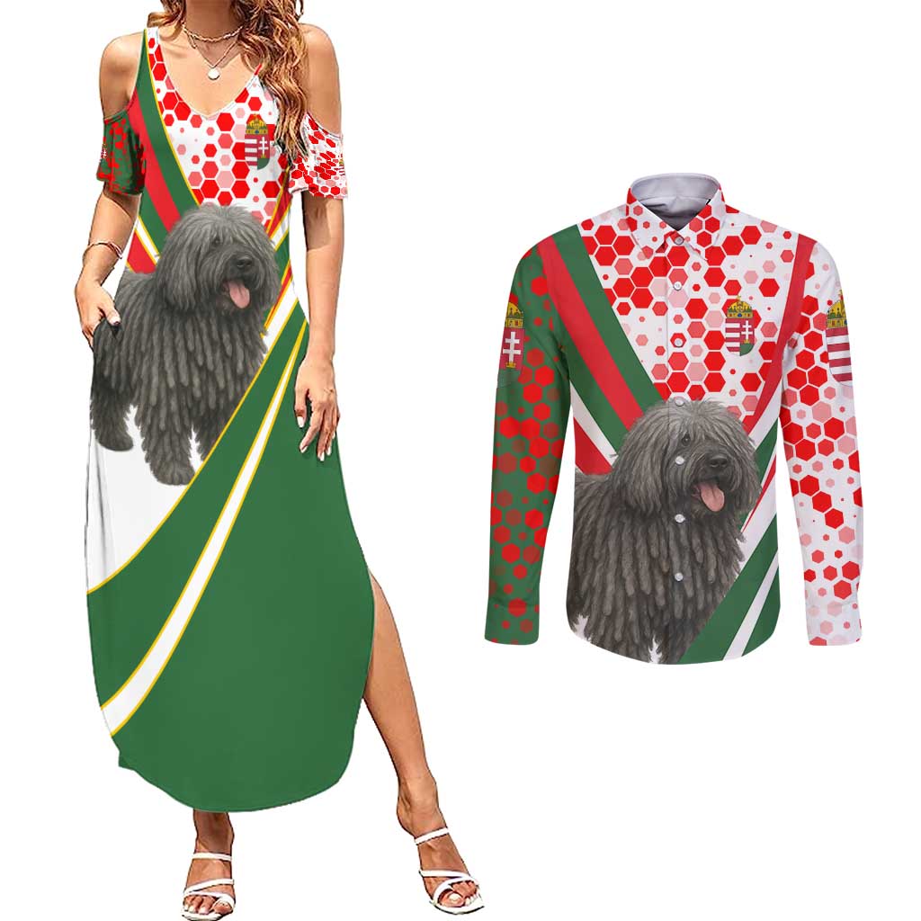 Hungary Couples Matching Summer Maxi Dress and Long Sleeve Button Shirt with Puli Dog Illustration Design and Red Green Hexagon - Wonder Print Shop