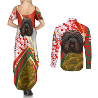Hungary Couples Matching Summer Maxi Dress and Long Sleeve Button Shirt with Puli Dog Illustration Design and Red Green Hexagon - Wonder Print Shop