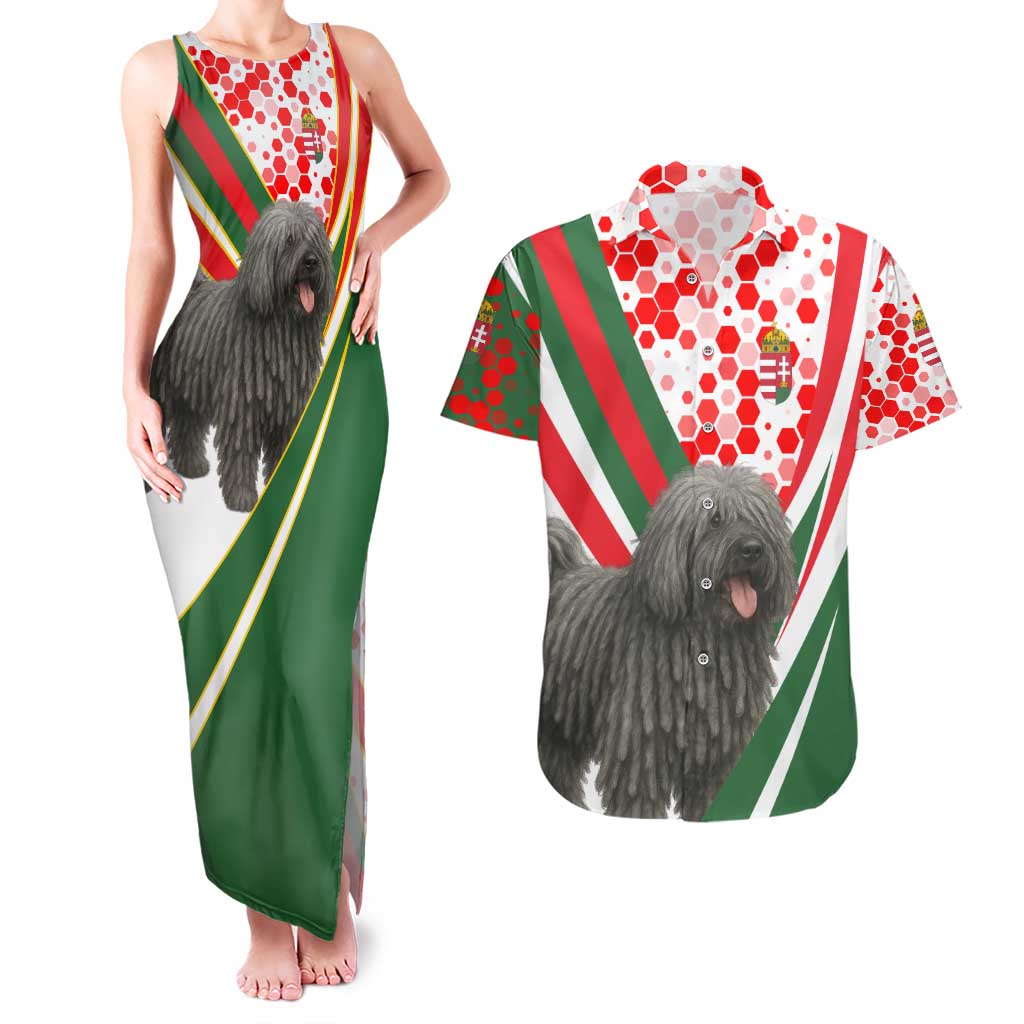 Hungary Couples Matching Tank Maxi Dress and Hawaiian Shirt with Puli Dog Illustration Design and Red Green Hexagon - Wonder Print Shop