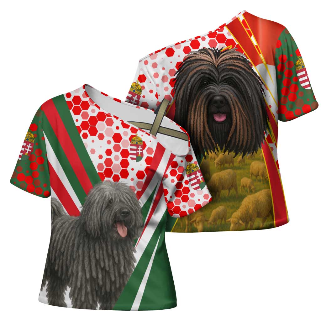Hungary Cross Shoulder Shirt with Puli Dog Illustration Design and Red Green Hexagon - Wonder Print Shop
