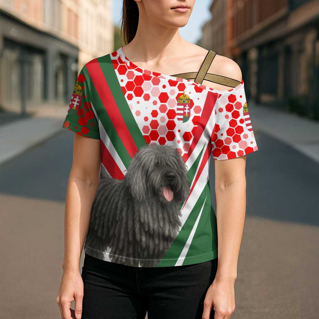 Hungary Cross Shoulder Shirt with Puli Dog Illustration Design and Red Green Hexagon - Wonder Print Shop