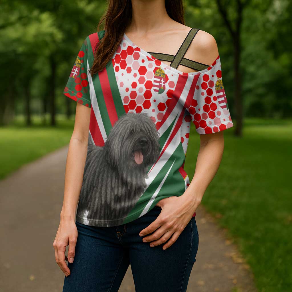 Hungary Cross Shoulder Shirt with Puli Dog Illustration Design and Red Green Hexagon - Wonder Print Shop