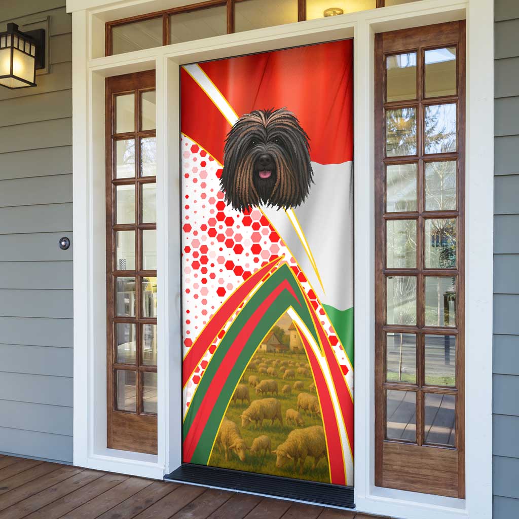 Hungary Door Cover with Puli Dog Illustration Design and Red Green Hexagon - Wonder Print Shop