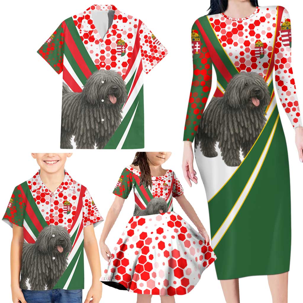 Hungary Family Matching Long Sleeve Bodycon Dress and Hawaiian Shirt with Puli Dog Illustration Design and Red Green Hexagon - Wonder Print Shop
