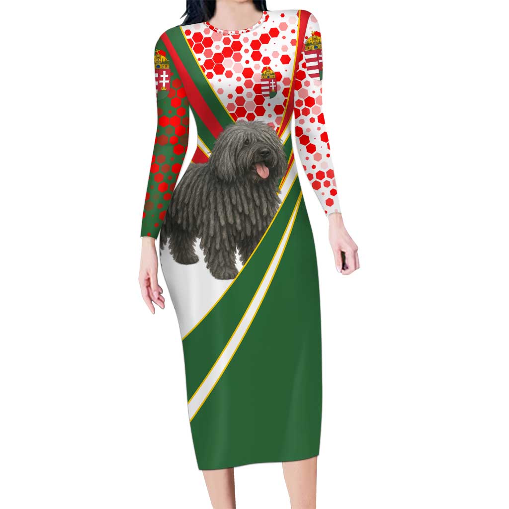 Hungary Family Matching Long Sleeve Bodycon Dress and Hawaiian Shirt with Puli Dog Illustration Design and Red Green Hexagon - Wonder Print Shop