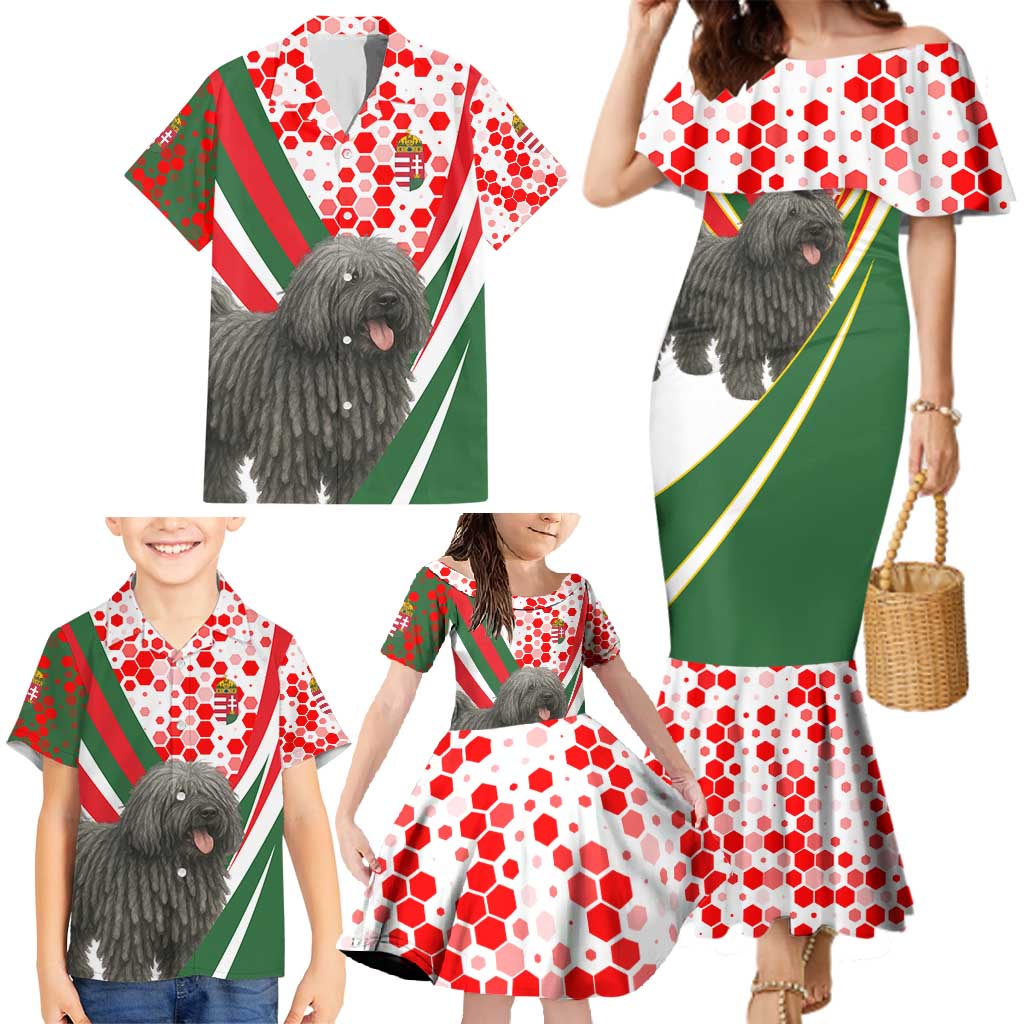 Hungary Family Matching Mermaid Dress and Hawaiian Shirt with Puli Dog Illustration Design and Red Green Hexagon - Wonder Print Shop