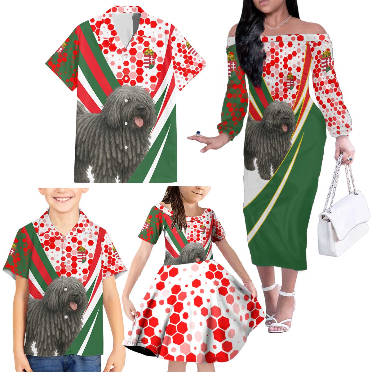 Hungary Family Matching Off The Shoulder Long Sleeve Dress and Hawaiian Shirt with Puli Dog Illustration Design and Red Green Hexagon - Wonder Print Shop