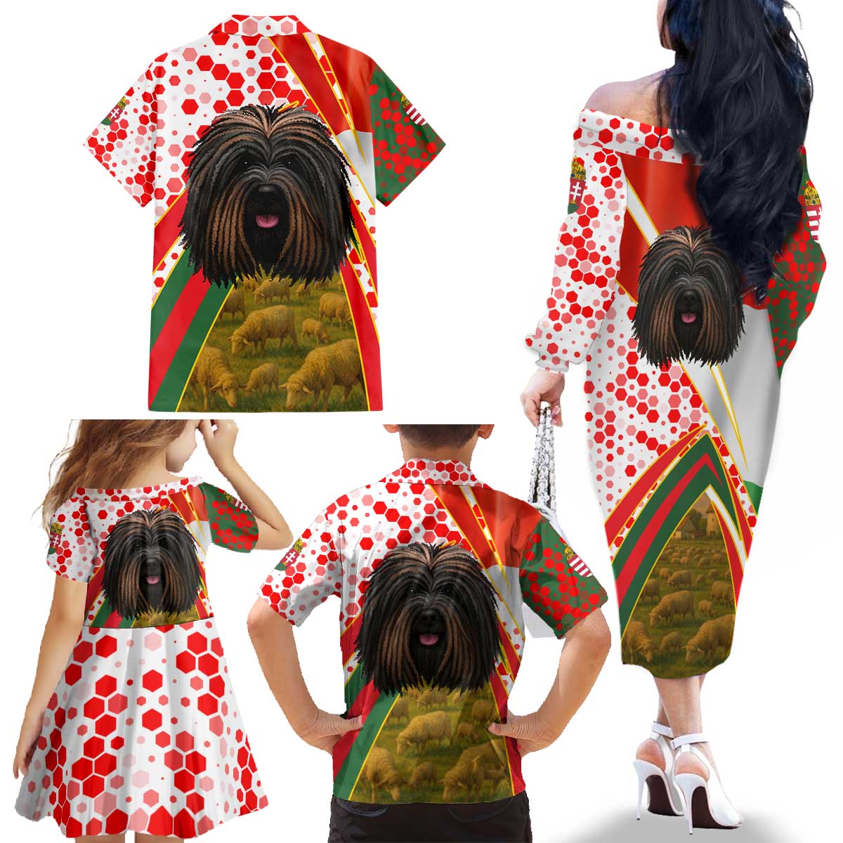 Hungary Family Matching Off The Shoulder Long Sleeve Dress and Hawaiian Shirt with Puli Dog Illustration Design and Red Green Hexagon - Wonder Print Shop