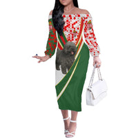 Hungary Family Matching Off The Shoulder Long Sleeve Dress and Hawaiian Shirt with Puli Dog Illustration Design and Red Green Hexagon - Wonder Print Shop