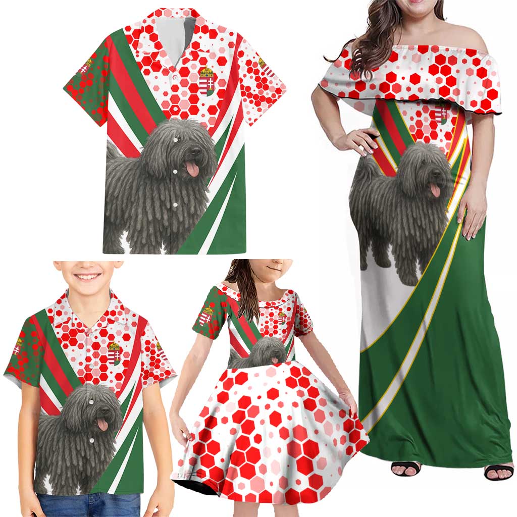 Hungary Family Matching Off Shoulder Maxi Dress and Hawaiian Shirt with Puli Dog Illustration Design and Red Green Hexagon - Wonder Print Shop