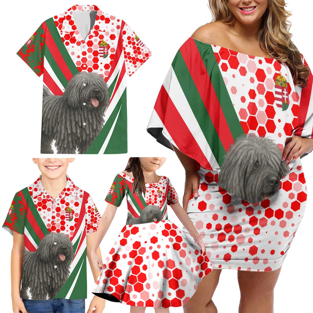 Hungary Family Matching Off Shoulder Short Dress and Hawaiian Shirt with Puli Dog Illustration Design and Red Green Hexagon - Wonder Print Shop