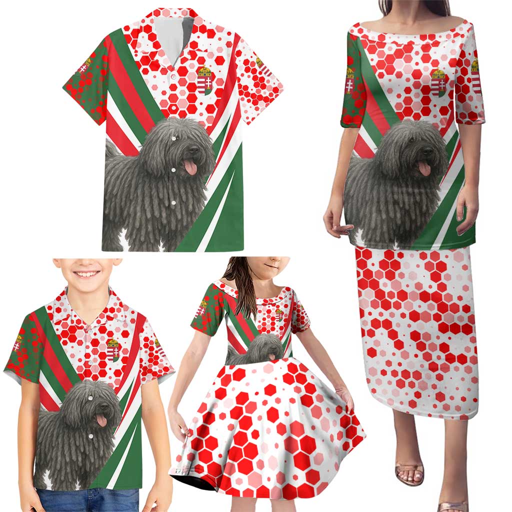 Hungary Family Matching Puletasi and Hawaiian Shirt with Puli Dog Illustration Design and Red Green Hexagon - Wonder Print Shop