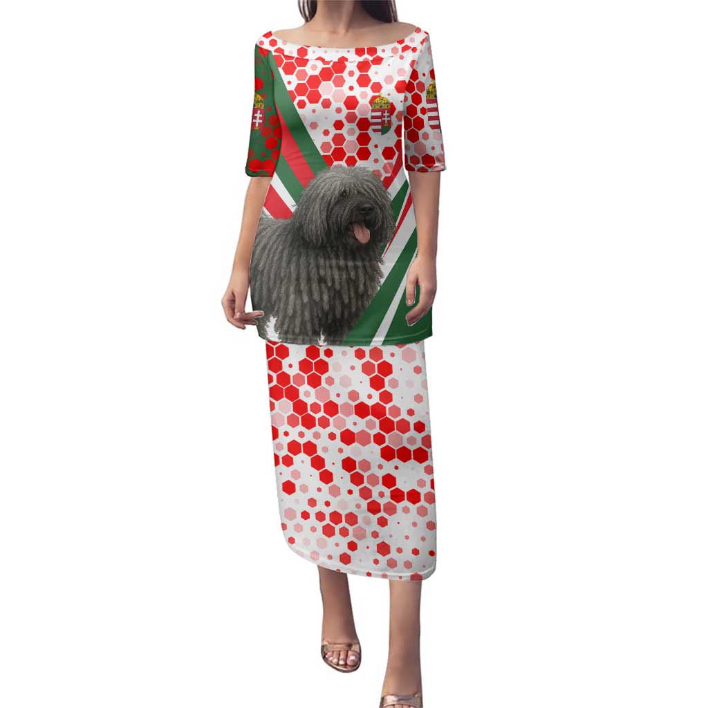 Hungary Family Matching Puletasi and Hawaiian Shirt with Puli Dog Illustration Design and Red Green Hexagon - Wonder Print Shop