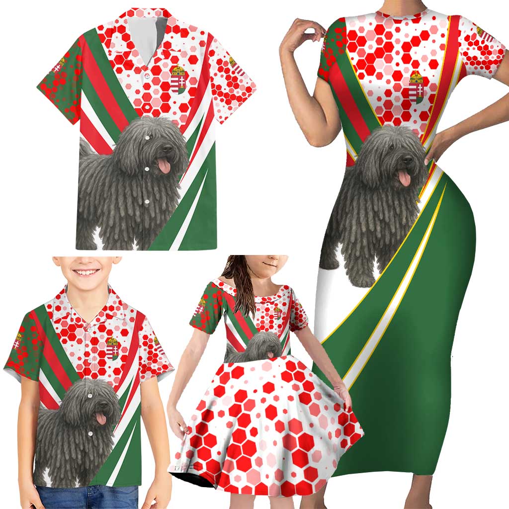 Hungary Family Matching Short Sleeve Bodycon Dress and Hawaiian Shirt with Puli Dog Illustration Design and Red Green Hexagon - Wonder Print Shop