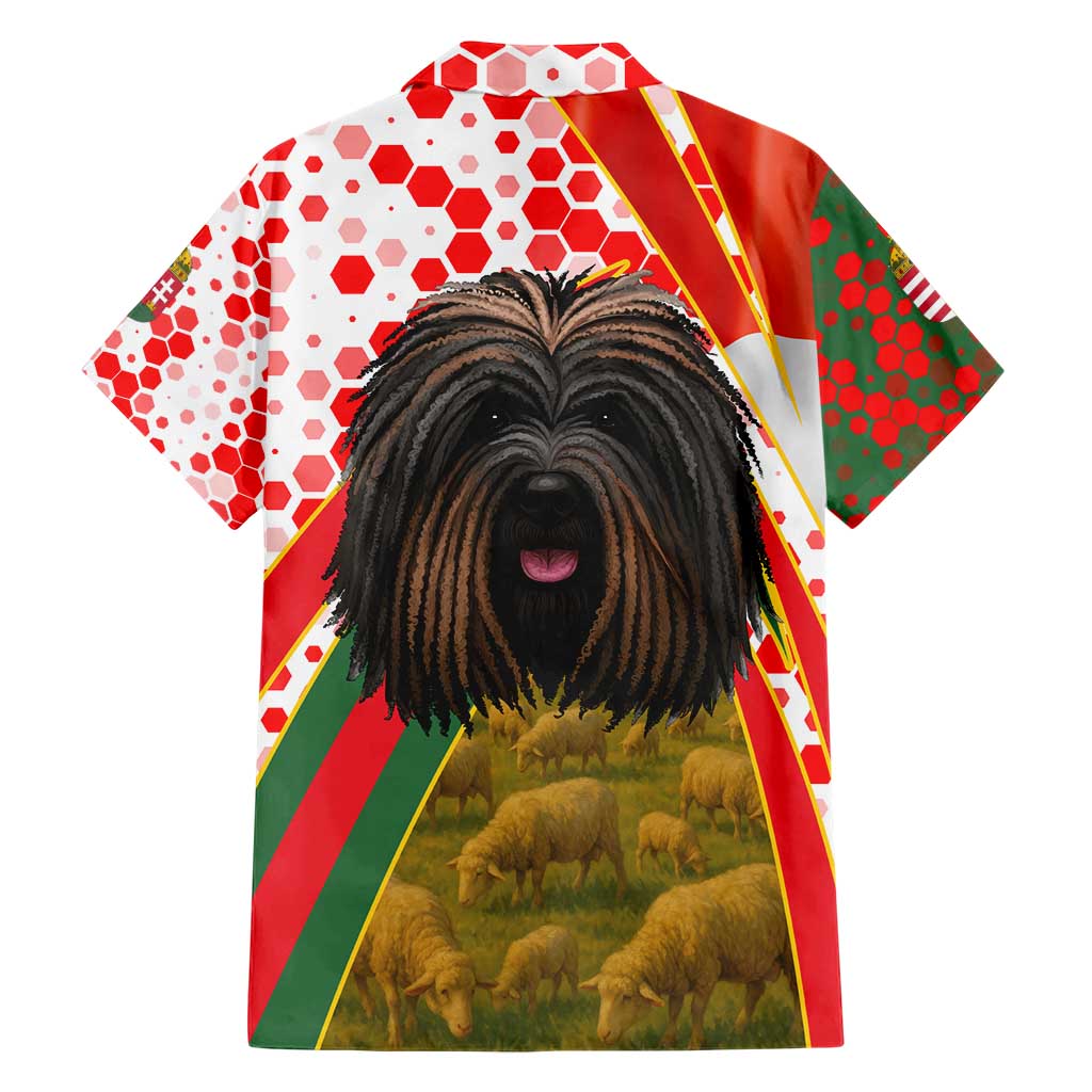Hungary Family Matching Short Sleeve Bodycon Dress and Hawaiian Shirt with Puli Dog Illustration Design and Red Green Hexagon - Wonder Print Shop