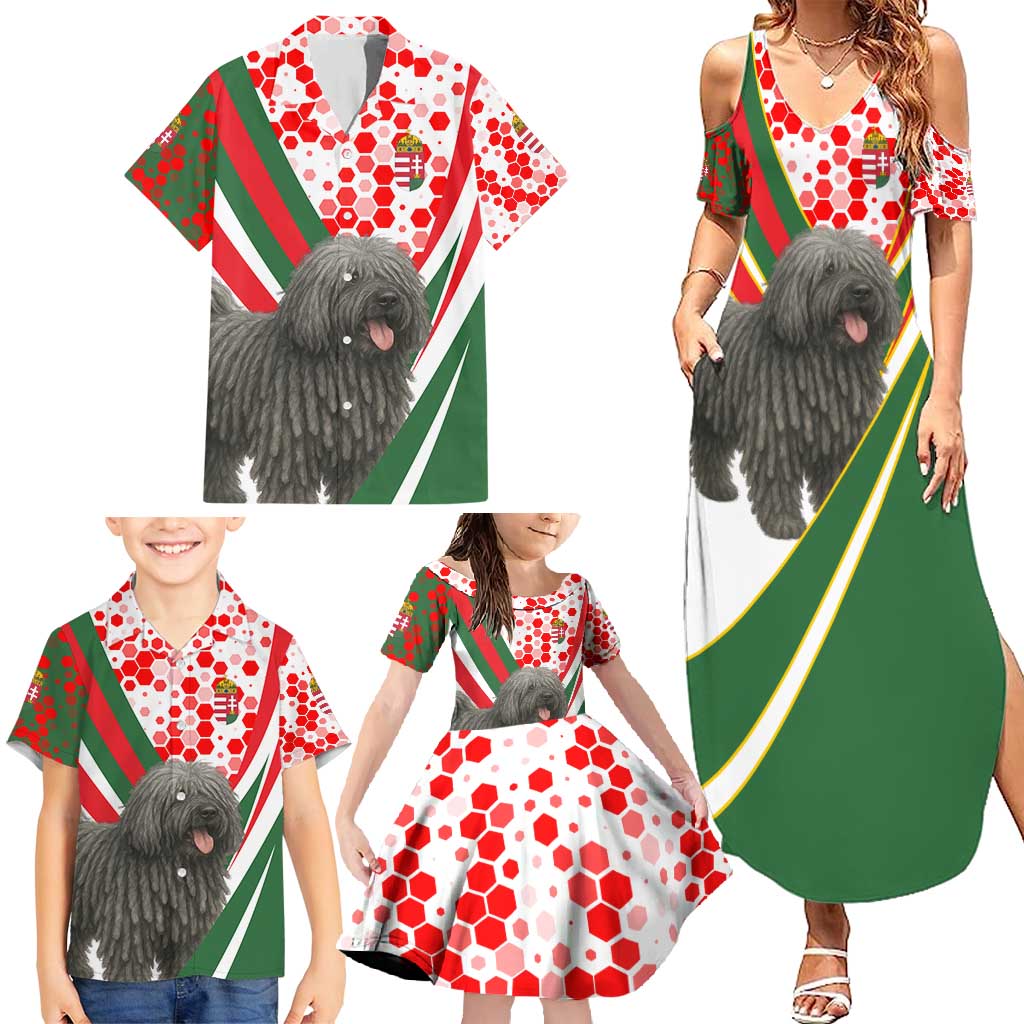 Hungary Family Matching Summer Maxi Dress and Hawaiian Shirt with Puli Dog Illustration Design and Red Green Hexagon - Wonder Print Shop