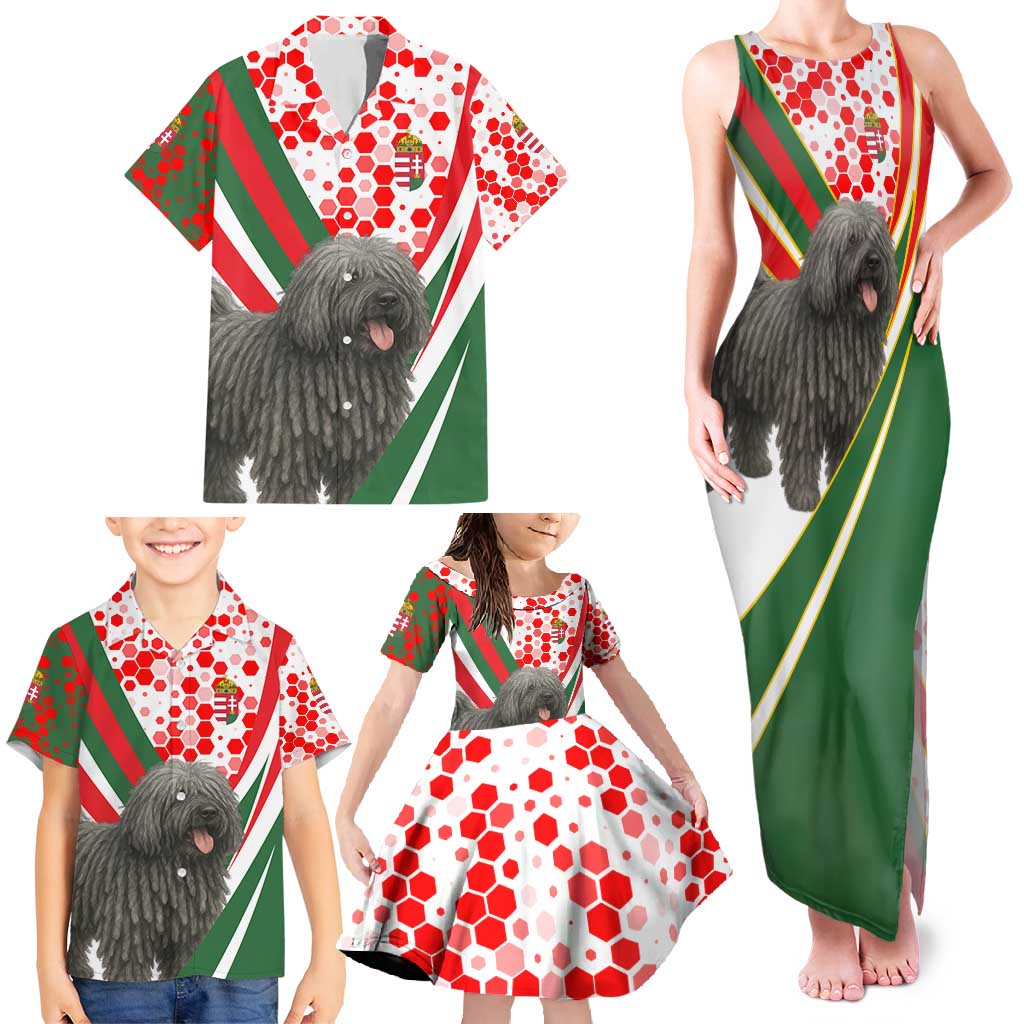 Hungary Family Matching Tank Maxi Dress and Hawaiian Shirt with Puli Dog Illustration Design and Red Green Hexagon - Wonder Print Shop
