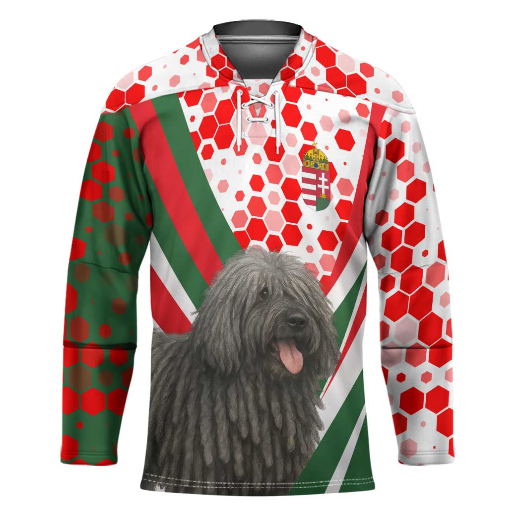 Hungary Hockey Jersey with Puli Dog Illustration Design and Red Green Hexagon - Wonder Print Shop