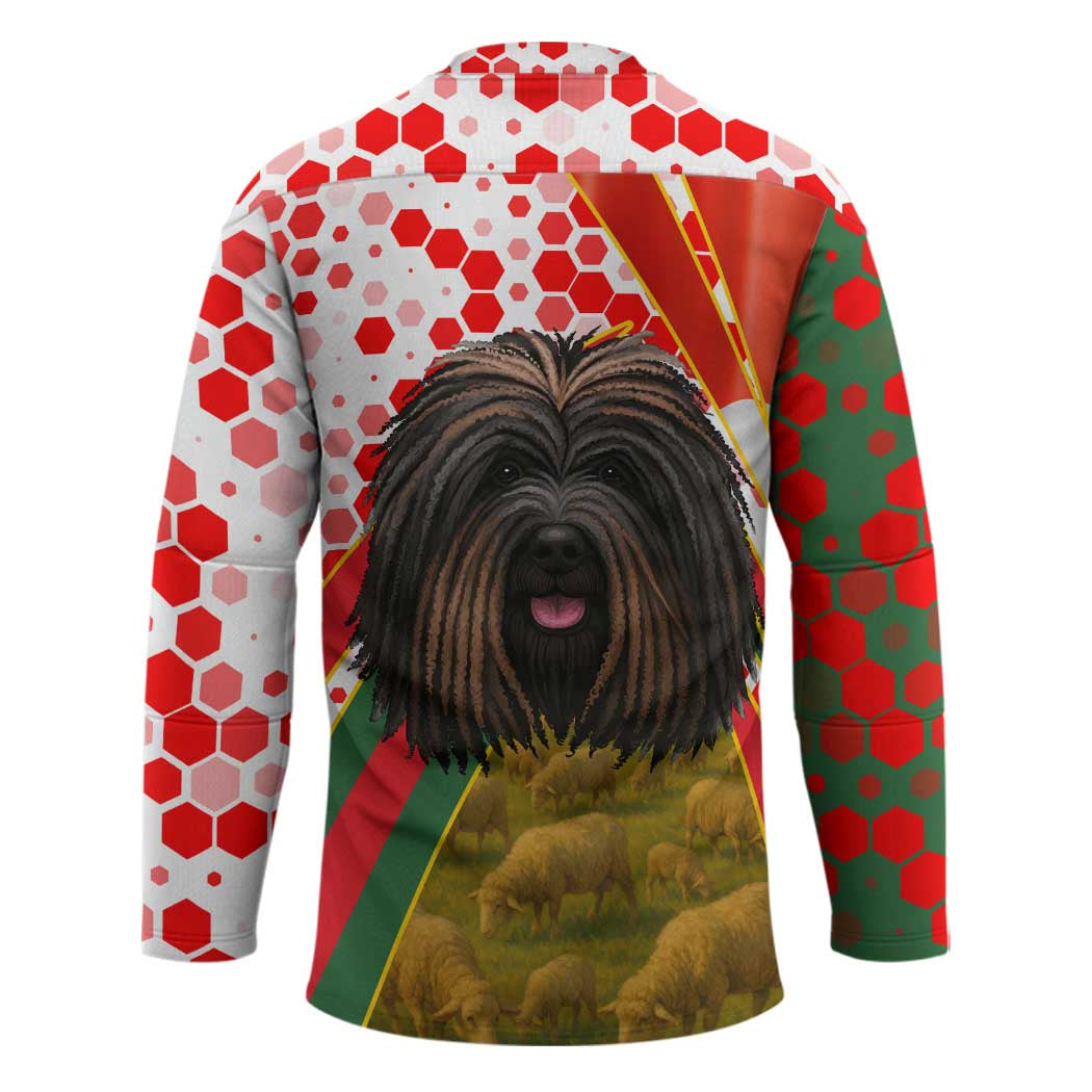 Hungary Hockey Jersey with Puli Dog Illustration Design and Red Green Hexagon - Wonder Print Shop