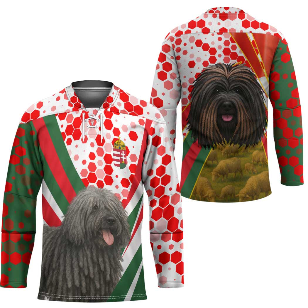 Hungary Hockey Jersey with Puli Dog Illustration Design and Red Green Hexagon - Wonder Print Shop