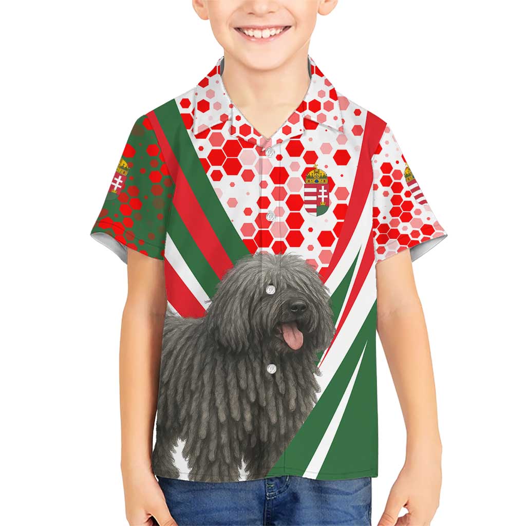 Hungary Kid Hawaiian Shirt with Puli Dog Illustration Design and Red Green Hexagon - Wonder Print Shop