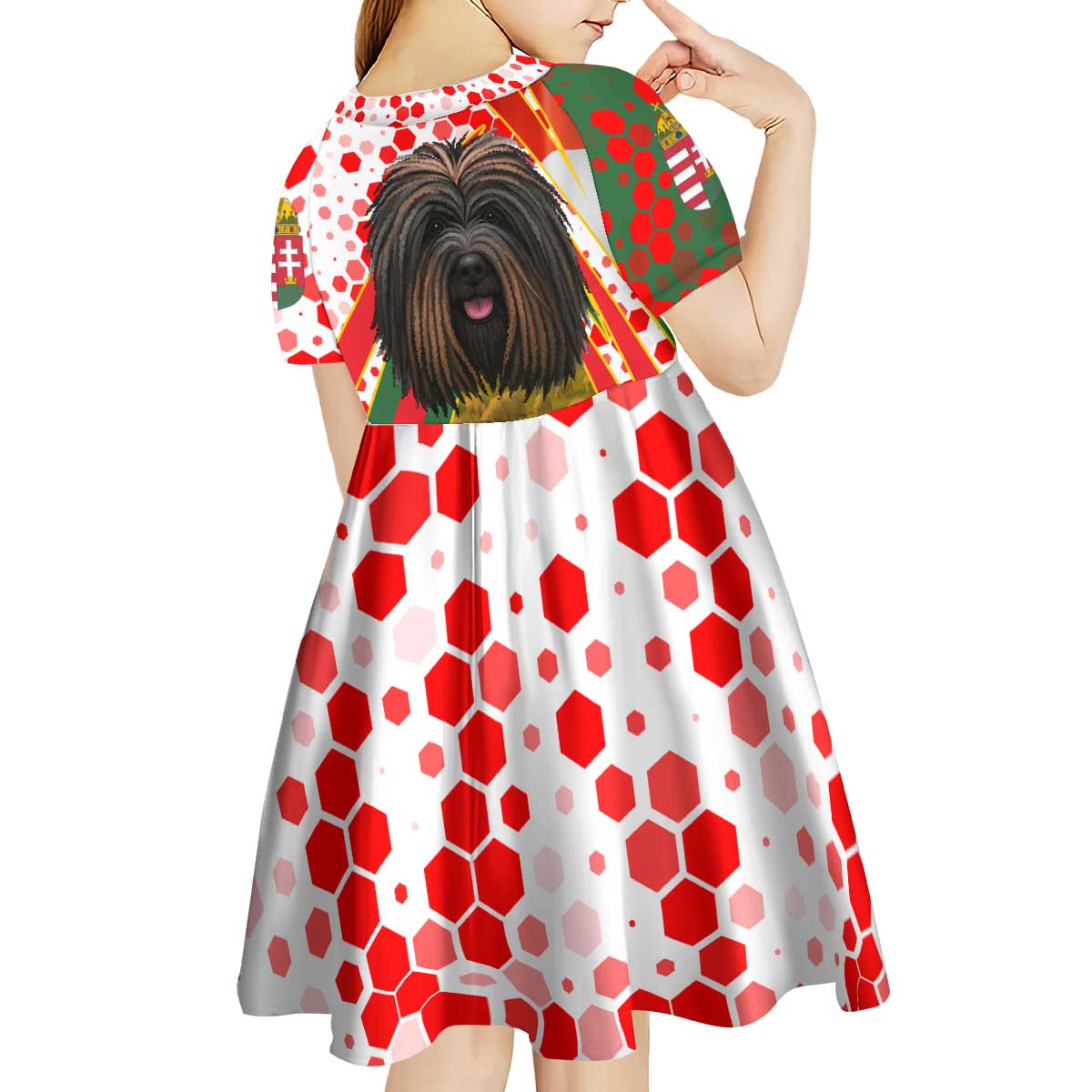 Hungary Kid Short Sleeve Dress with Puli Dog Illustration Design and Red Green Hexagon - Wonder Print Shop